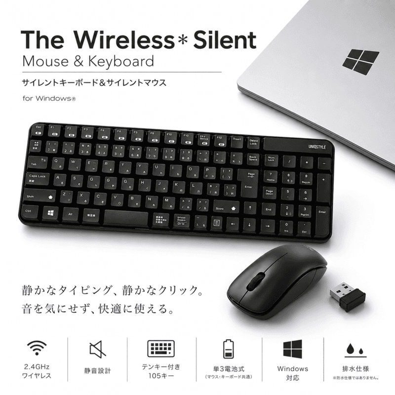 UNIQSTYLE サイレントキーボード・マウス ブラックモデル MK48367GBK
